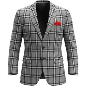 (CL) Bocaccio Uomo Mens Grey Black Plaid Blazer Sport Coat 48R w/ Pocket Square‎
